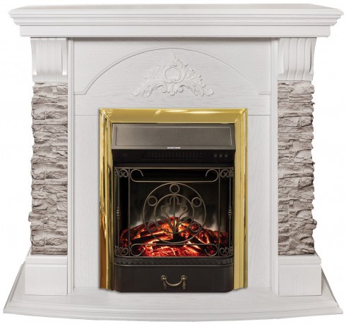 Электрокамин RealFlame Athena GR WT белый с очагом Majestic Lux Brass