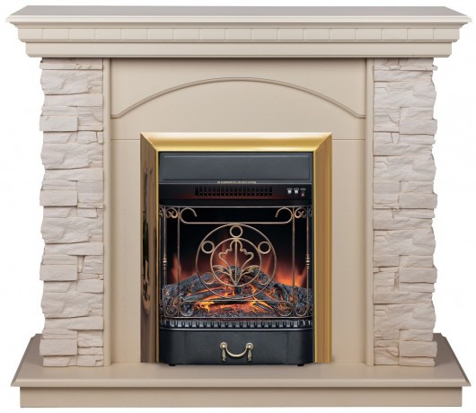 Электрокамин RealFlame Elford WT белый дуб с очагом Majestic Lux Brass