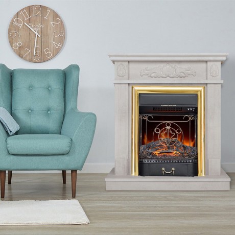 Электрокамин RealFlame Adelaida WT белый камень с очагом Majestic Lux Brass