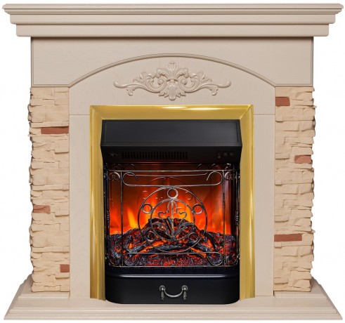 Электрокамин RealFlame Neapolis WT айвори с очагом Majestic Lux Brass
