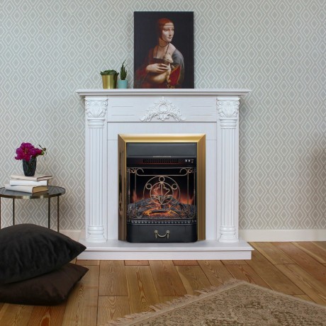 Электрокамин RealFlame Stefania WT белое золото с очагом Majestic Lux Brass