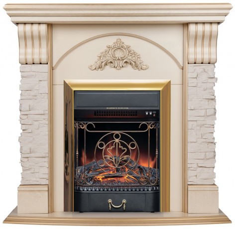 Электрокамин RealFlame Athena WT белый дуб с золотой патиной с очагом Majestic Lux Brass